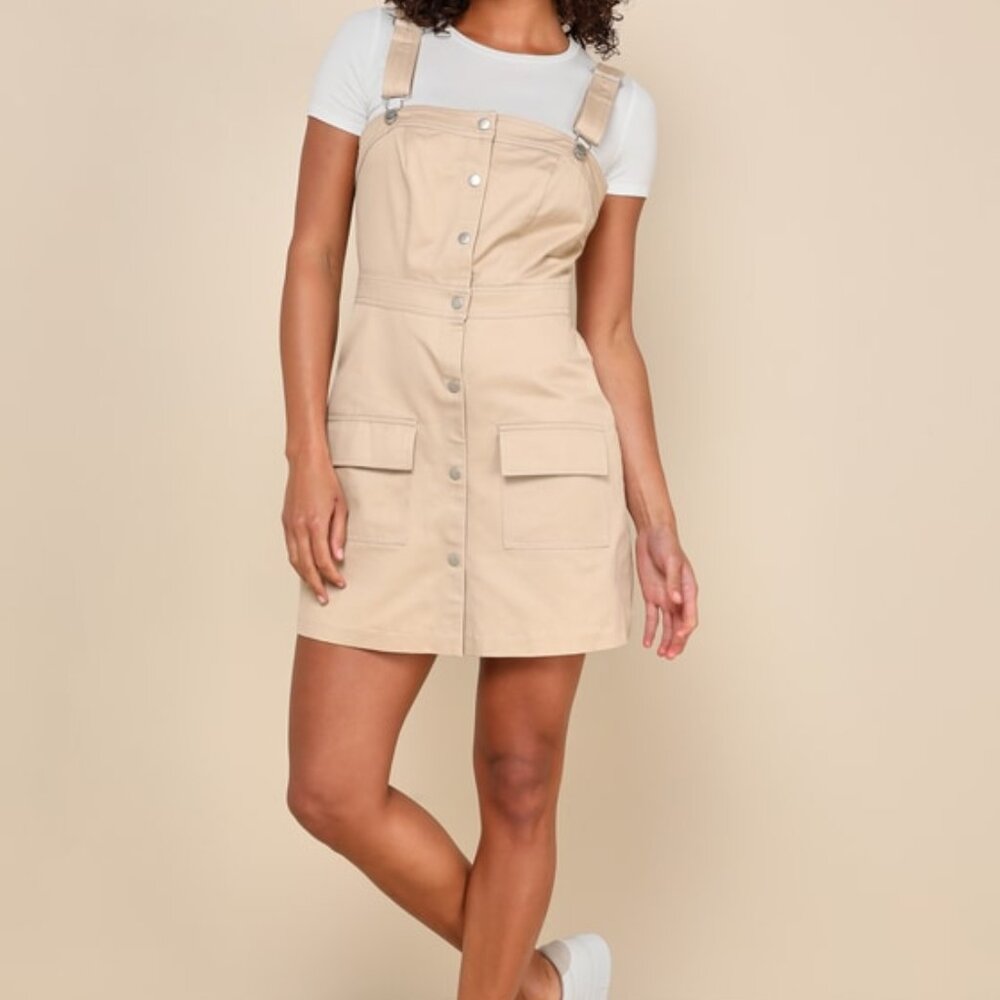 Lulus Remarkably Cute Beige Twill Button-up Overall Mini Dress - Size S